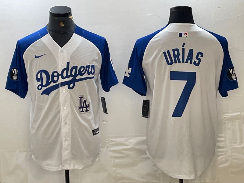 Men Los Angeles Dodgers 7 Urias White blue Fashion Nike Game MLB Jersey style 5